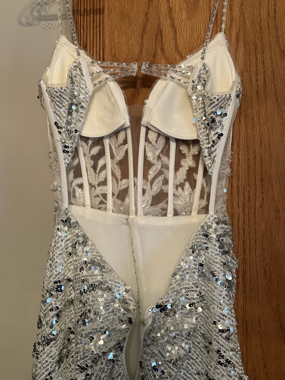 Sherri Hill Silver Sequin Spaghetti-Strap Prom Gown with Sheer Corset - Picture 3 of 3